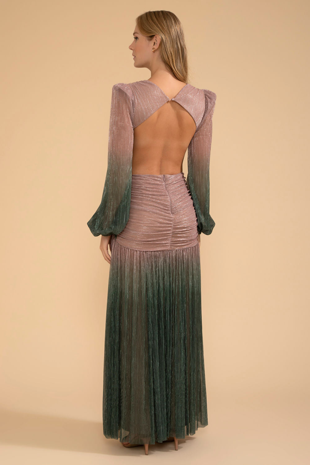 VESTIDO LONGO DECOTE MANGA LONGA LUREX MERMAID VERDE E ROSA