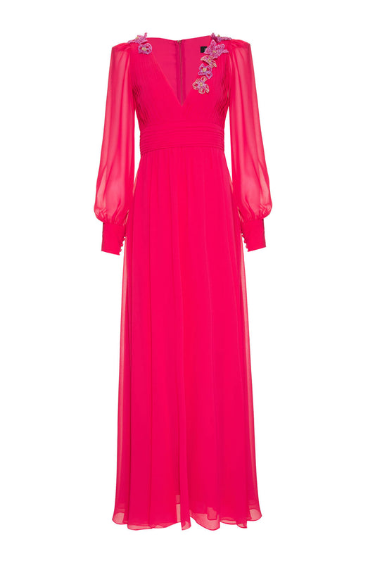 Vestido longo decote pregas bordado chiffon íris pink