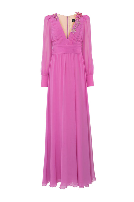 Vestido longo decote pregas bordado chiffon íris lilas