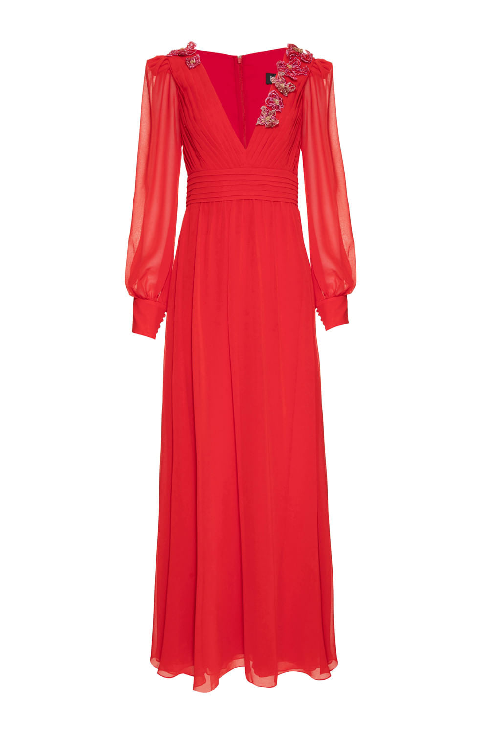 VESTIDO LONGO DECOTE PREGAS BORDADO CHIFFON ÍRIS VERMELHO