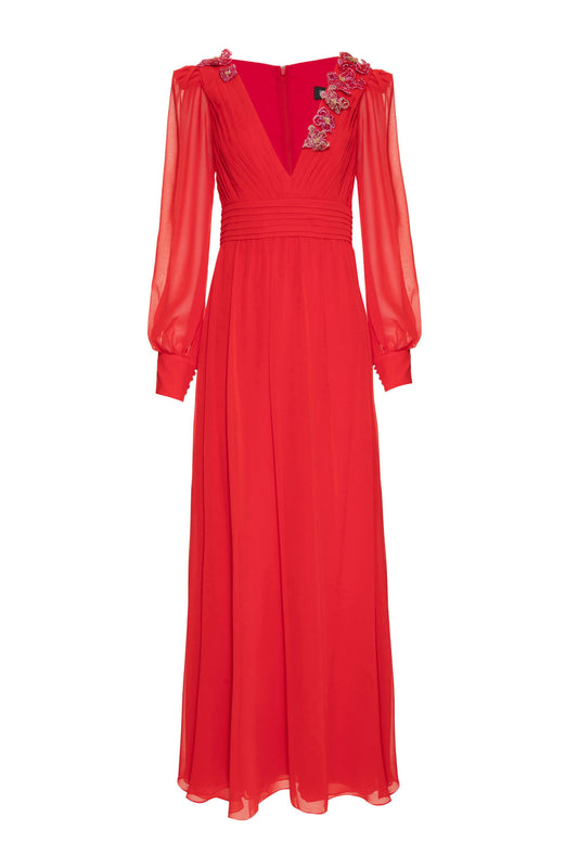 Vestido longo decote pregas bordado chiffon íris vermelho
