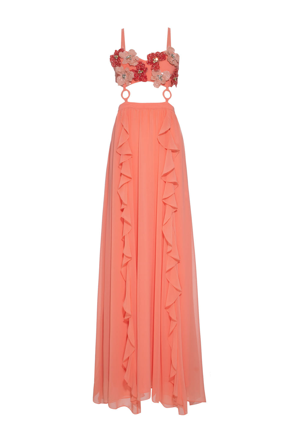 VESTIDO LONGO BUSTO FLOR CHIFFON ÍRIS LARANJA