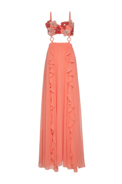 VESTIDO LONGO BUSTO FLOR CHIFFON ÍRIS LARANJA