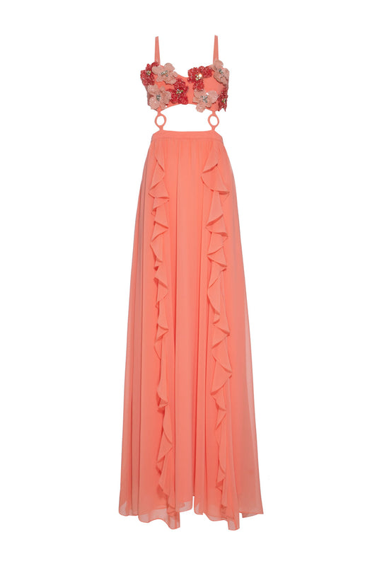 VESTIDO LONGO BUSTO FLOR CHIFFON ÍRIS LARANJA