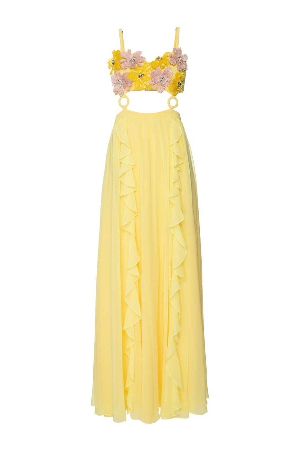 VESTIDO LONGO BUSTO FLOR CHIFFON ÍRIS AMARELO