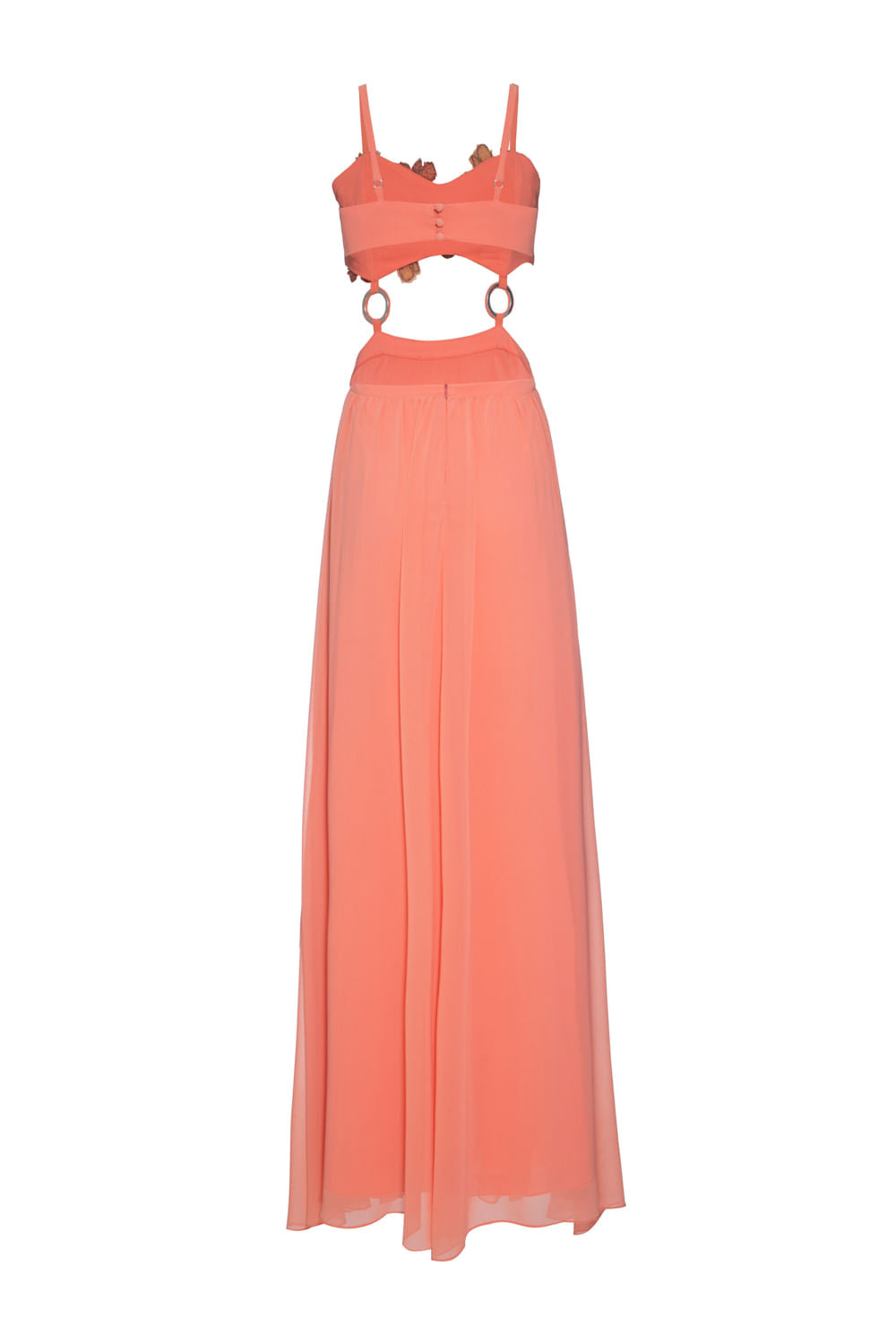 VESTIDO LONGO BUSTO FLOR CHIFFON ÍRIS LARANJA