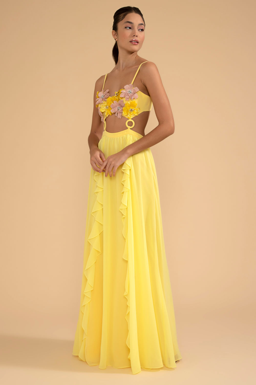 VESTIDO LONGO BUSTO FLOR CHIFFON ÍRIS AMARELO