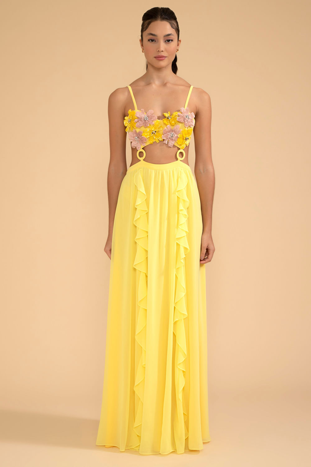 VESTIDO LONGO BUSTO FLOR CHIFFON ÍRIS AMARELO