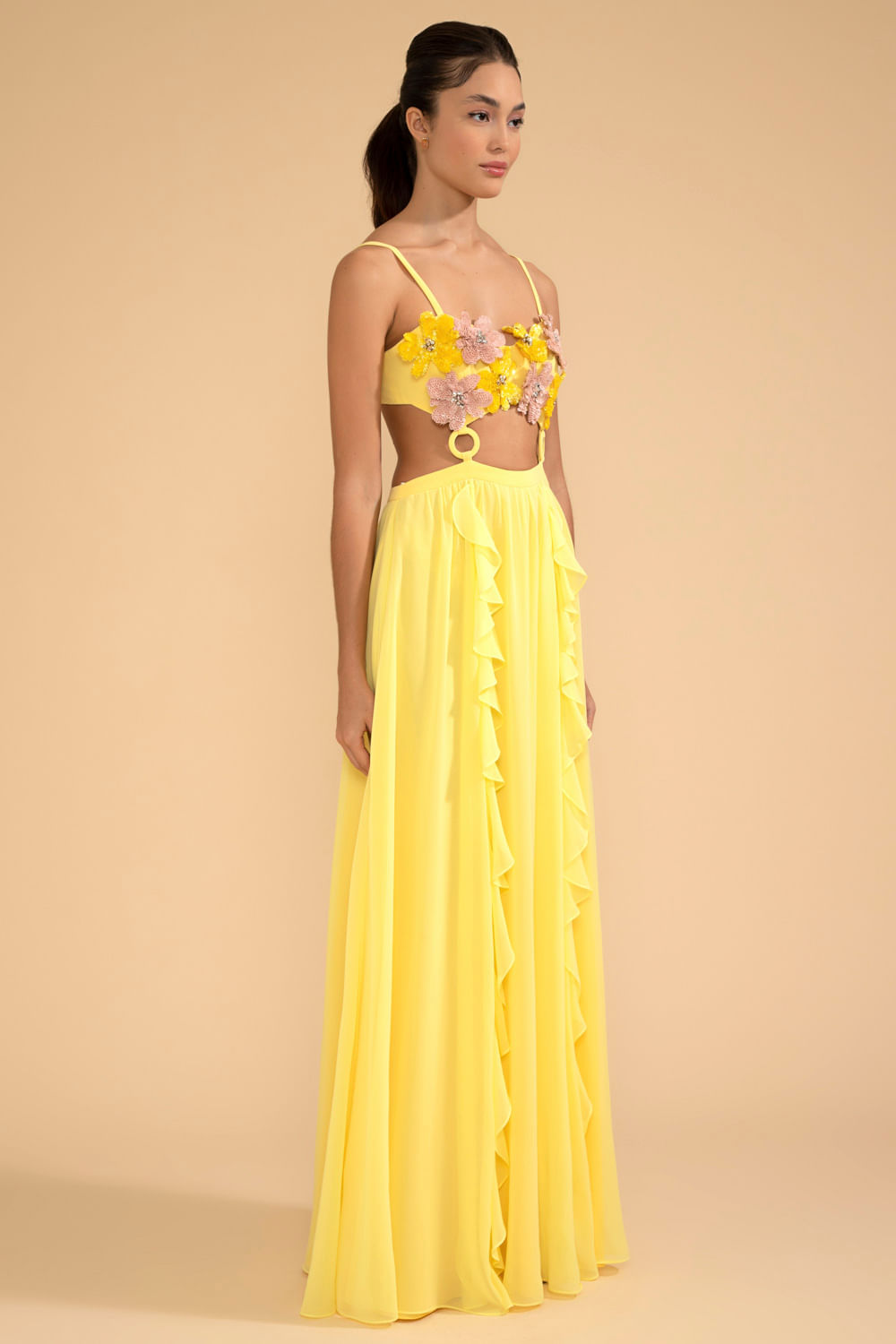 VESTIDO LONGO BUSTO FLOR CHIFFON ÍRIS AMARELO