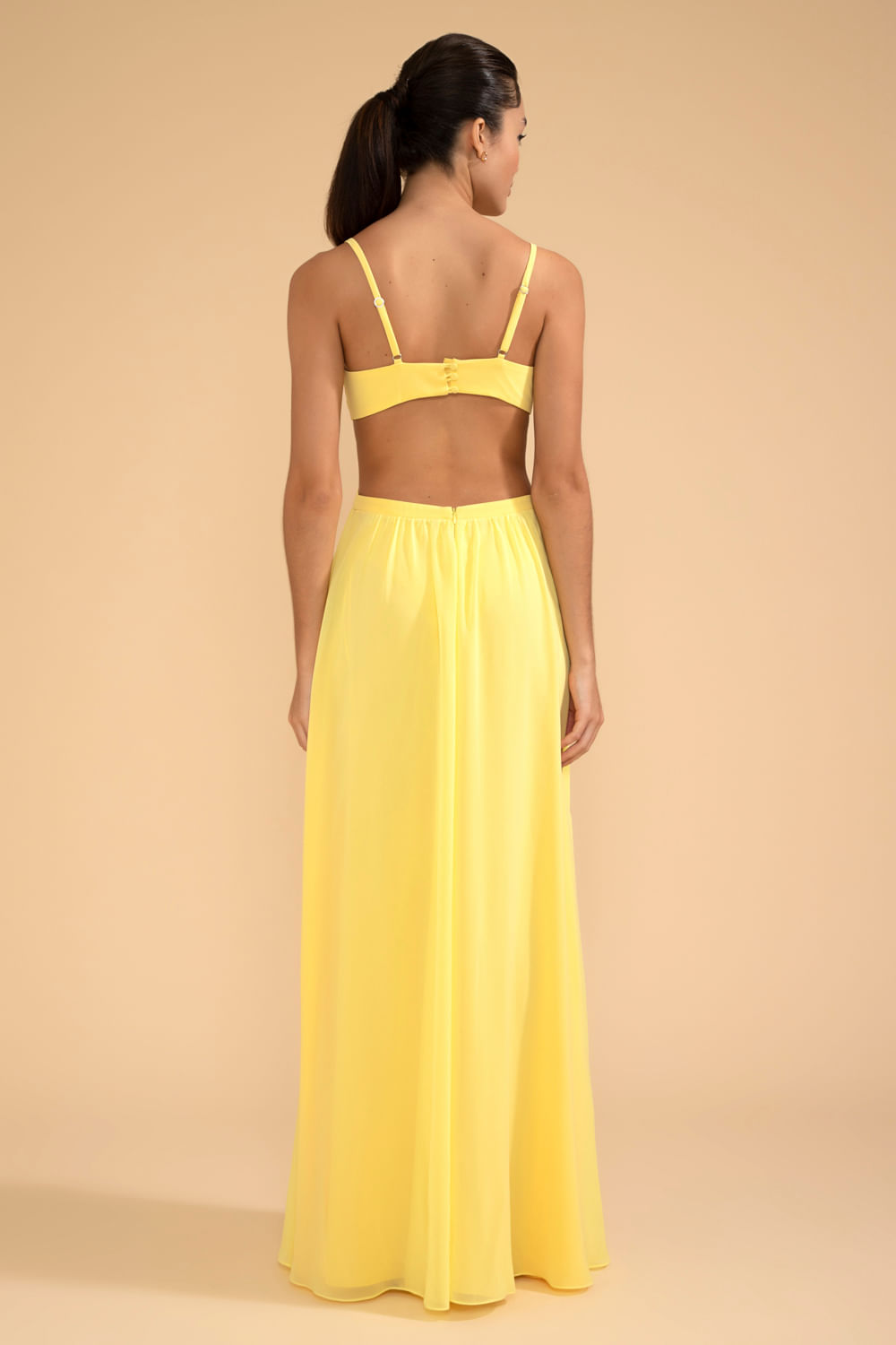 VESTIDO LONGO BUSTO FLOR CHIFFON ÍRIS AMARELO