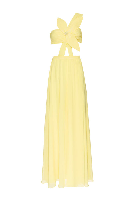 VESTIDO LONGO OMBRO ÚNICO FLOR CHIFFON ÍRIS AMARELO
