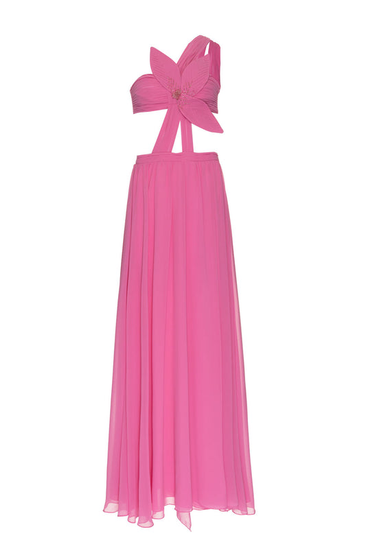 VESTIDO LONGO OMBRO ÚNICO FLOR CHIFFON ÍRIS ROSA