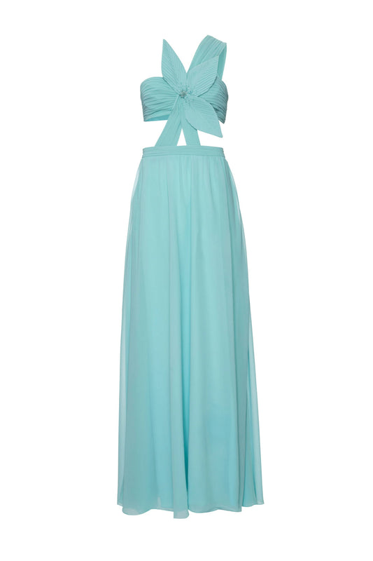 VESTIDO LONGO OMBRO ÚNICO FLOR CHIFFON ÍRIS AZUL