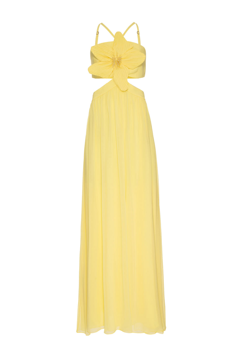 VESTIDO LONGO RECORTES FLOR CHIFFON ÍRIS AMARELO