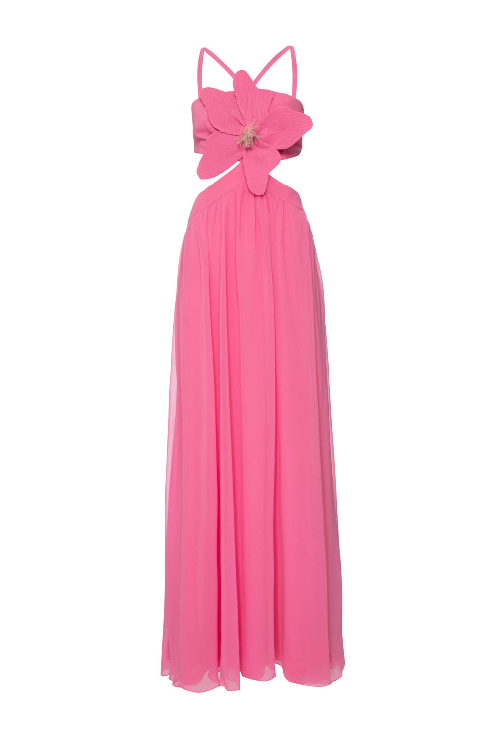 VESTIDO LONGO RECORTES FLOR CHIFFON ÍRIS ROSA