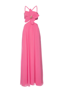 VESTIDO LONGO RECORTES FLOR CHIFFON ÍRIS ROSA