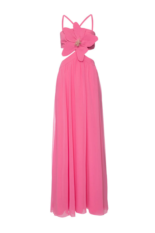 VESTIDO LONGO RECORTES FLOR CHIFFON ÍRIS ROSA