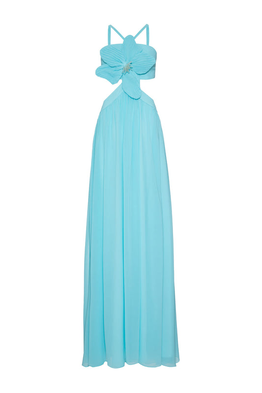 VESTIDO LONGO RECORTES FLOR CHIFFON ÍRIS AZUL