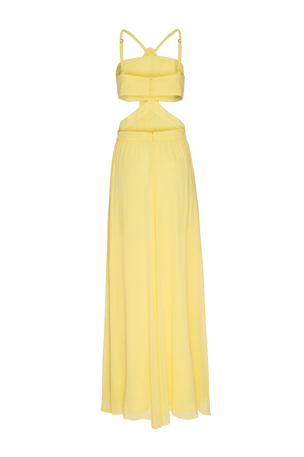 VESTIDO LONGO RECORTES FLOR CHIFFON ÍRIS AMARELO