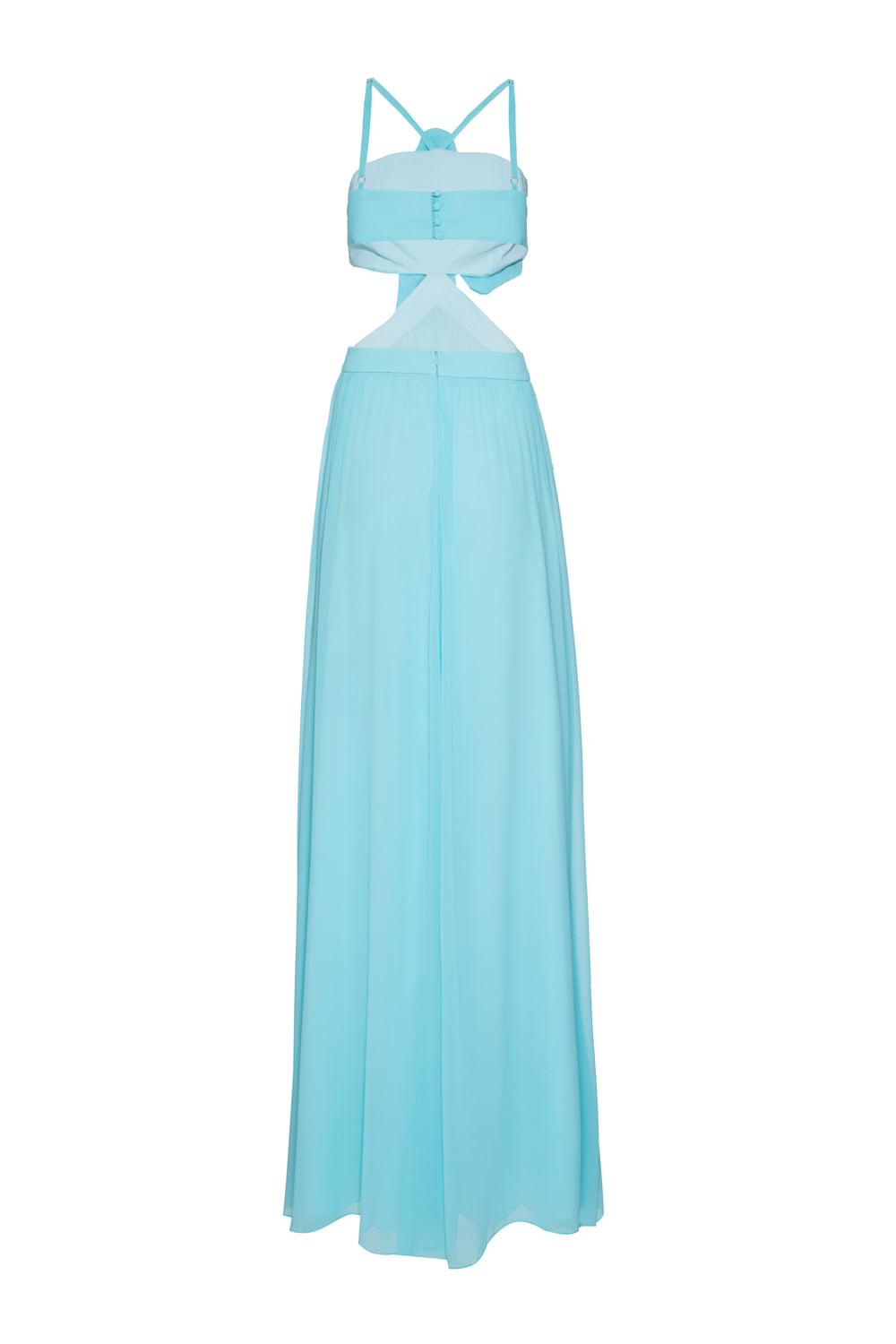 VESTIDO LONGO RECORTES FLOR CHIFFON ÍRIS AZUL