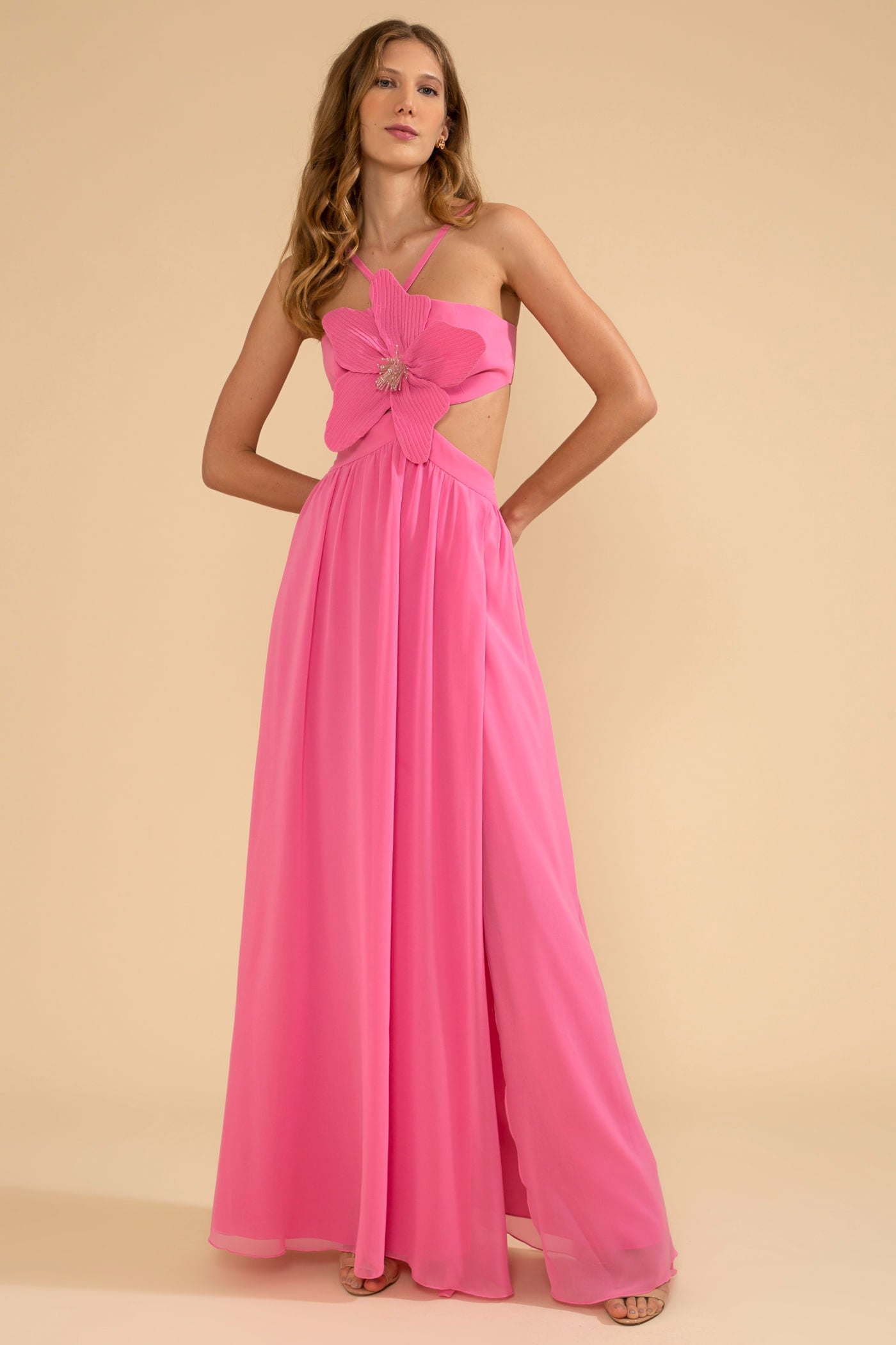 VESTIDO LONGO RECORTES FLOR CHIFFON ÍRIS ROSA