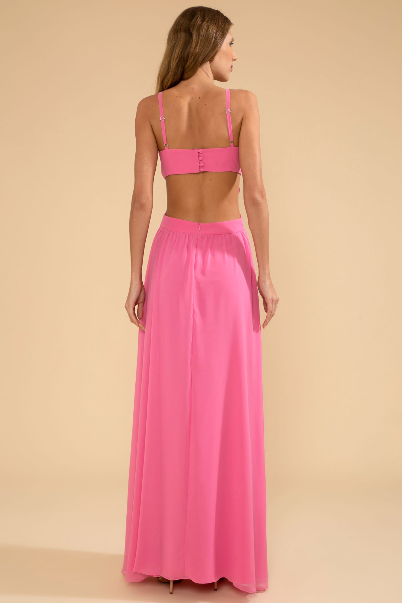 VESTIDO LONGO RECORTES FLOR CHIFFON ÍRIS ROSA