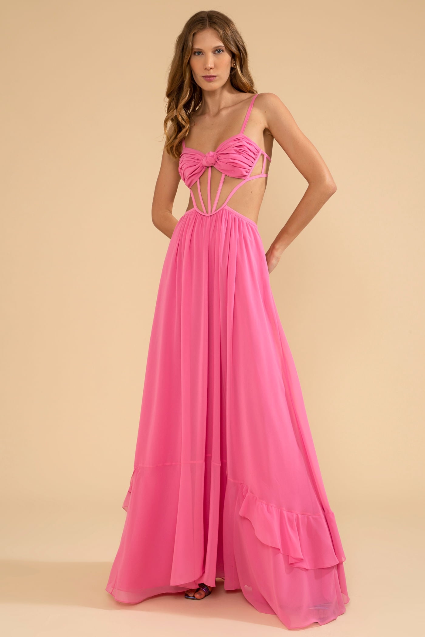 VESTIDO LONGO BUSTO NÓ CHIFFON ÍRIS ROSA