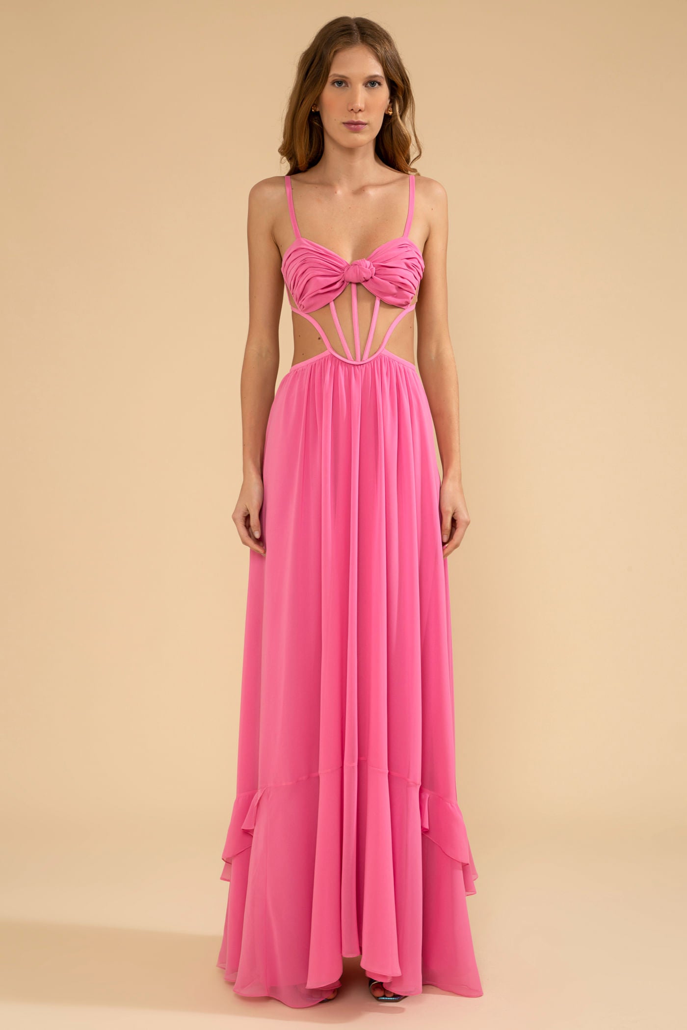 VESTIDO LONGO BUSTO NÓ CHIFFON ÍRIS ROSA