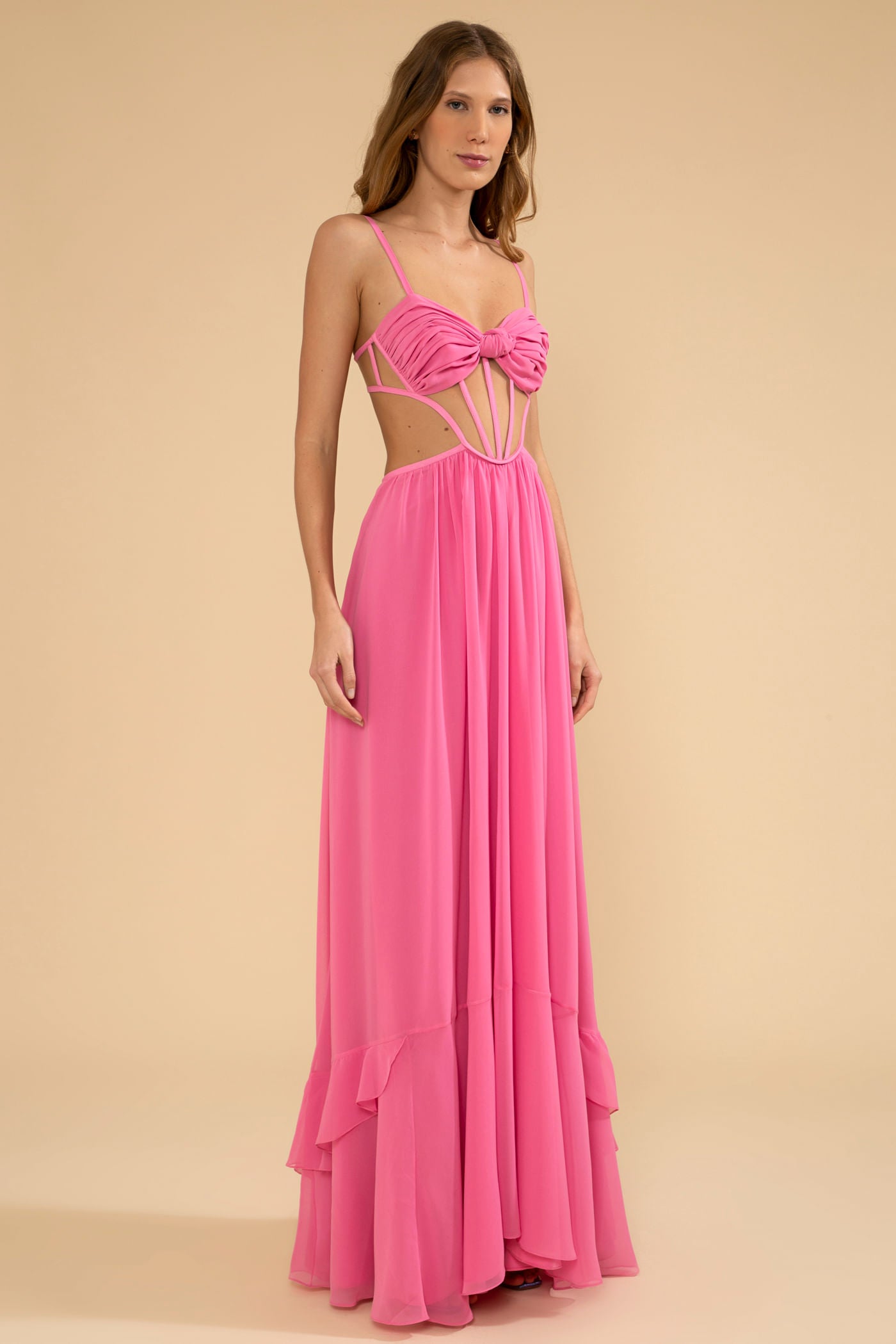 VESTIDO LONGO BUSTO NÓ CHIFFON ÍRIS ROSA