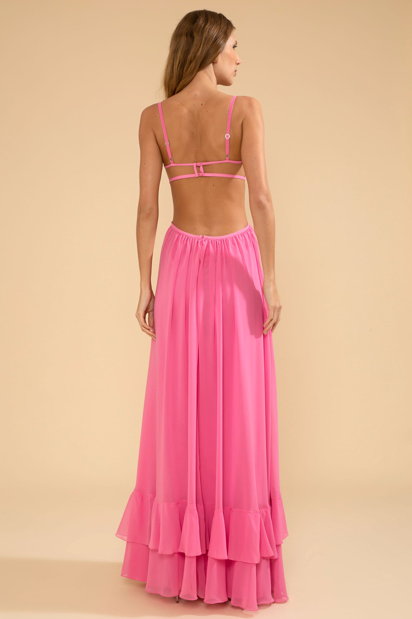 VESTIDO LONGO BUSTO NÓ CHIFFON ÍRIS ROSA