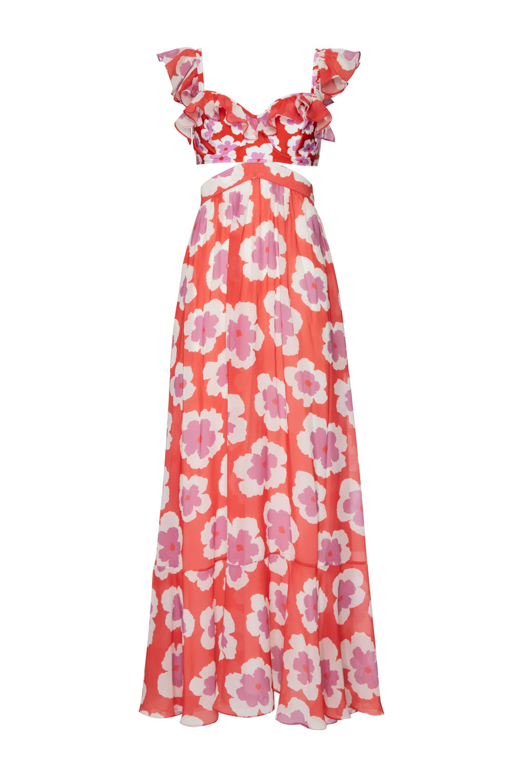 VESTIDO LONGO ALÇA BABADOS WIND FLOWER VERMELHO