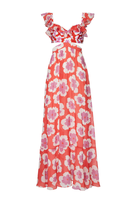 VESTIDO LONGO ALÇA BABADOS WIND FLOWER VERMELHO