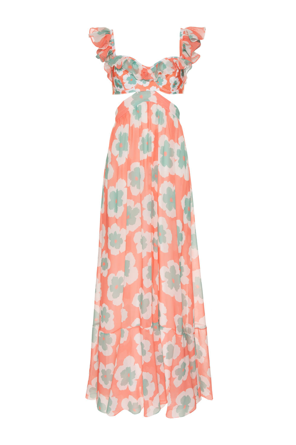 VESTIDO LONGO ALÇA BABADOS WIND FLOWER CORAL