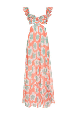 VESTIDO LONGO ALÇA BABADOS WIND FLOWER CORAL