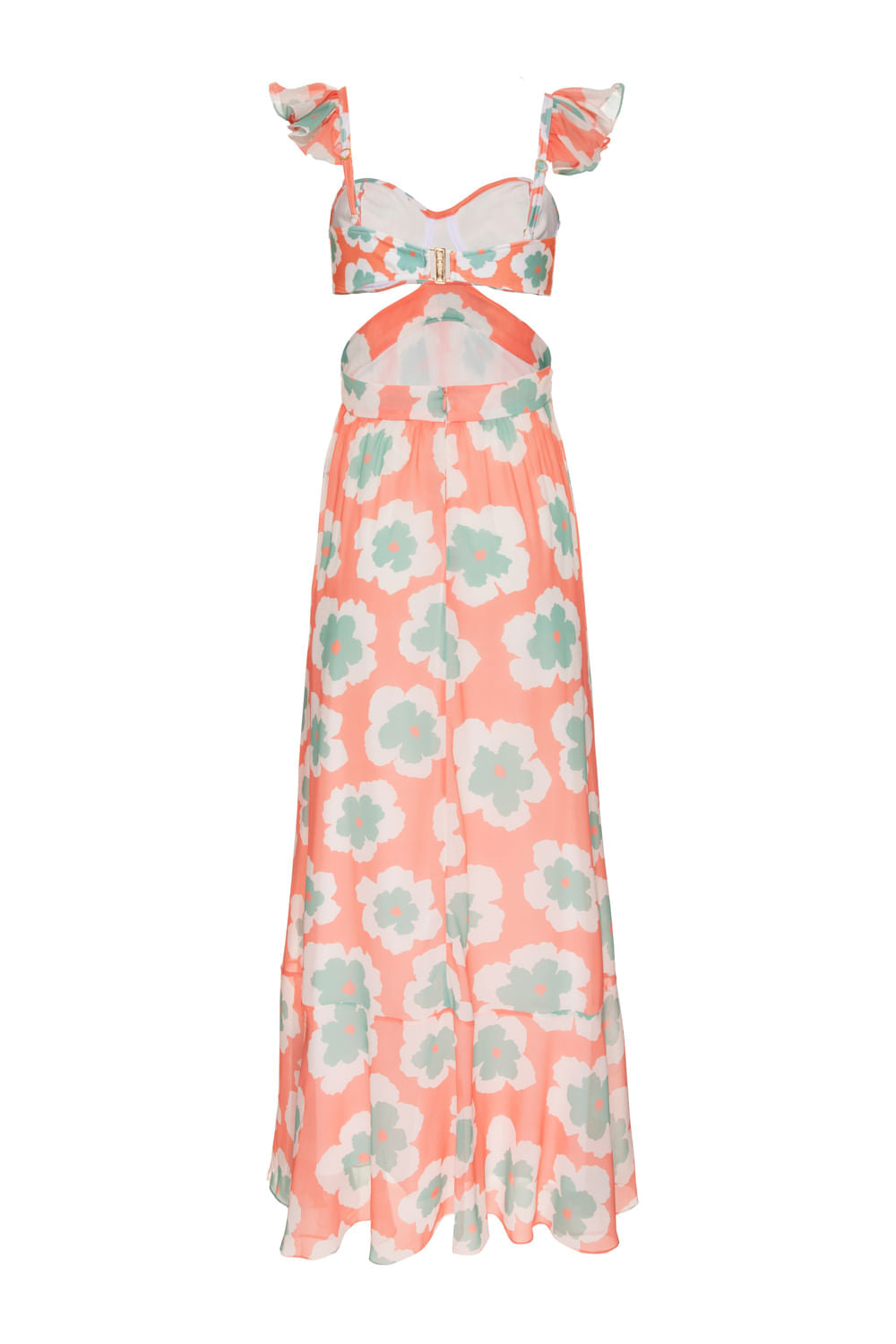 VESTIDO LONGO ALÇA BABADOS WIND FLOWER CORAL