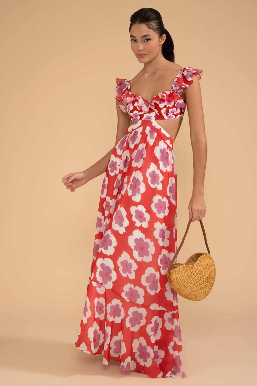 VESTIDO LONGO ALÇA BABADOS WIND FLOWER VERMELHO