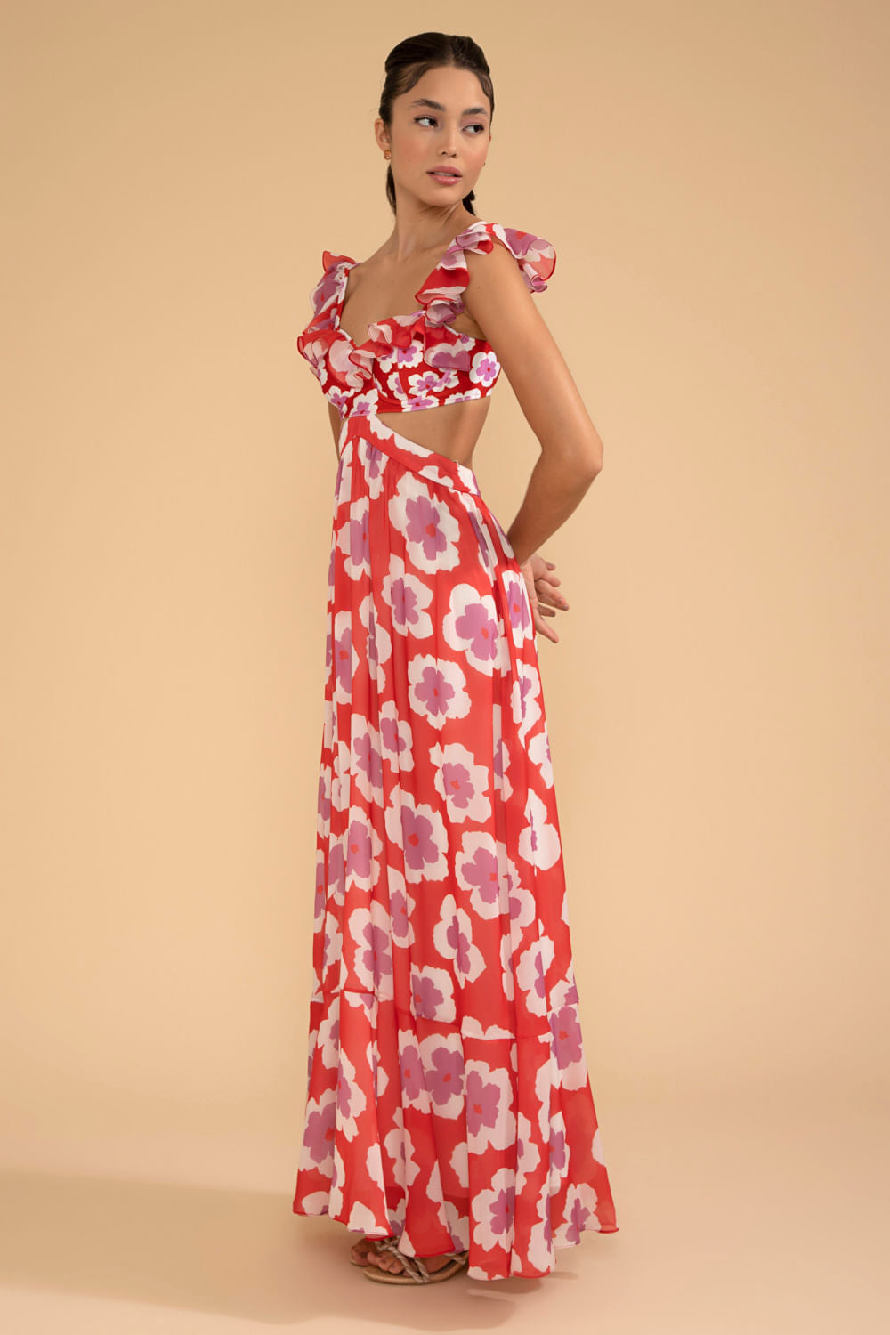 VESTIDO LONGO ALÇA BABADOS WIND FLOWER VERMELHO