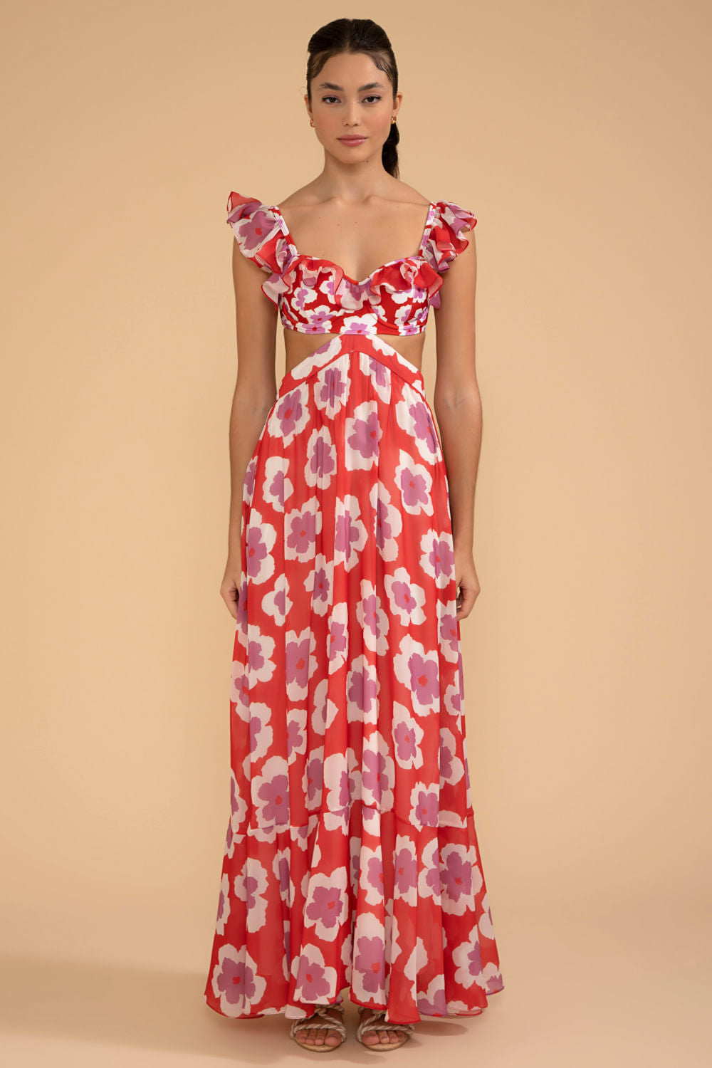 VESTIDO LONGO ALÇA BABADOS WIND FLOWER VERMELHO