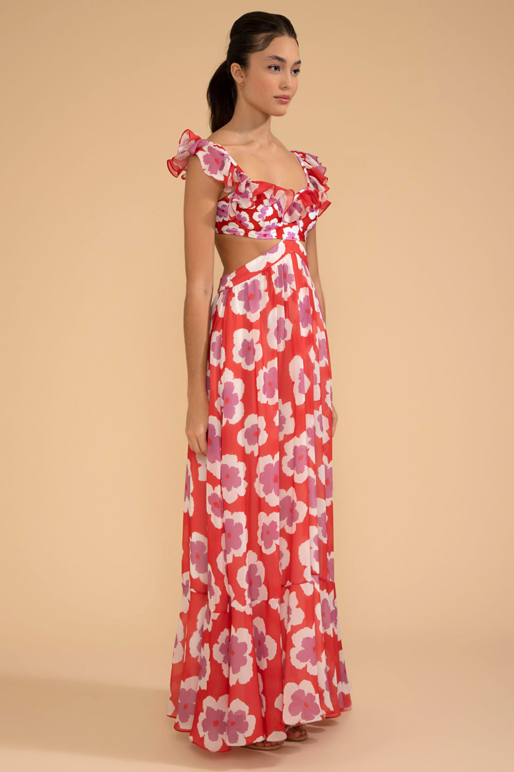 VESTIDO LONGO ALÇA BABADOS WIND FLOWER VERMELHO