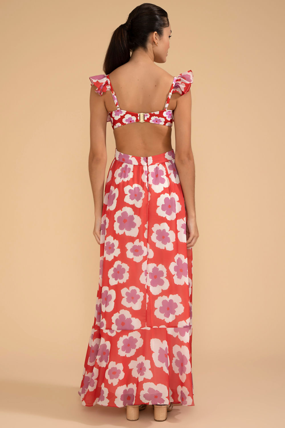 VESTIDO LONGO ALÇA BABADOS WIND FLOWER VERMELHO