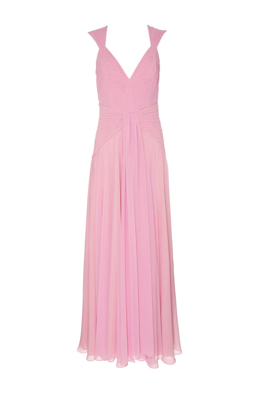 Vestido longo pala pregas chiffon íris rosa