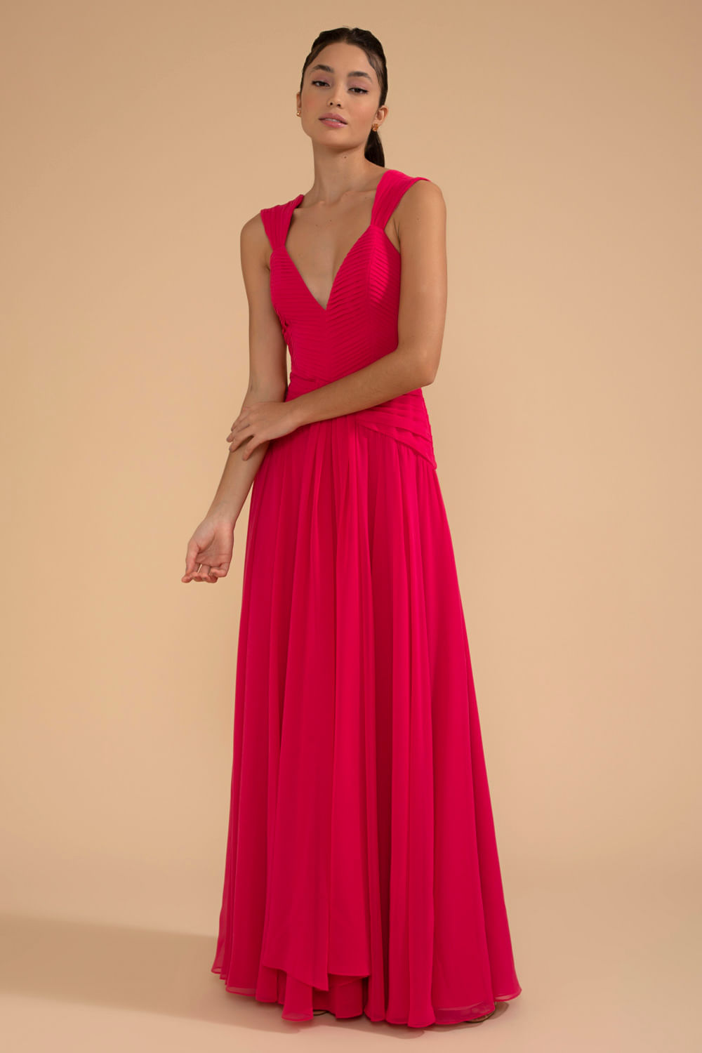 VESTIDO LONGO PALA PREGAS CHIFFON ÍRIS PINK