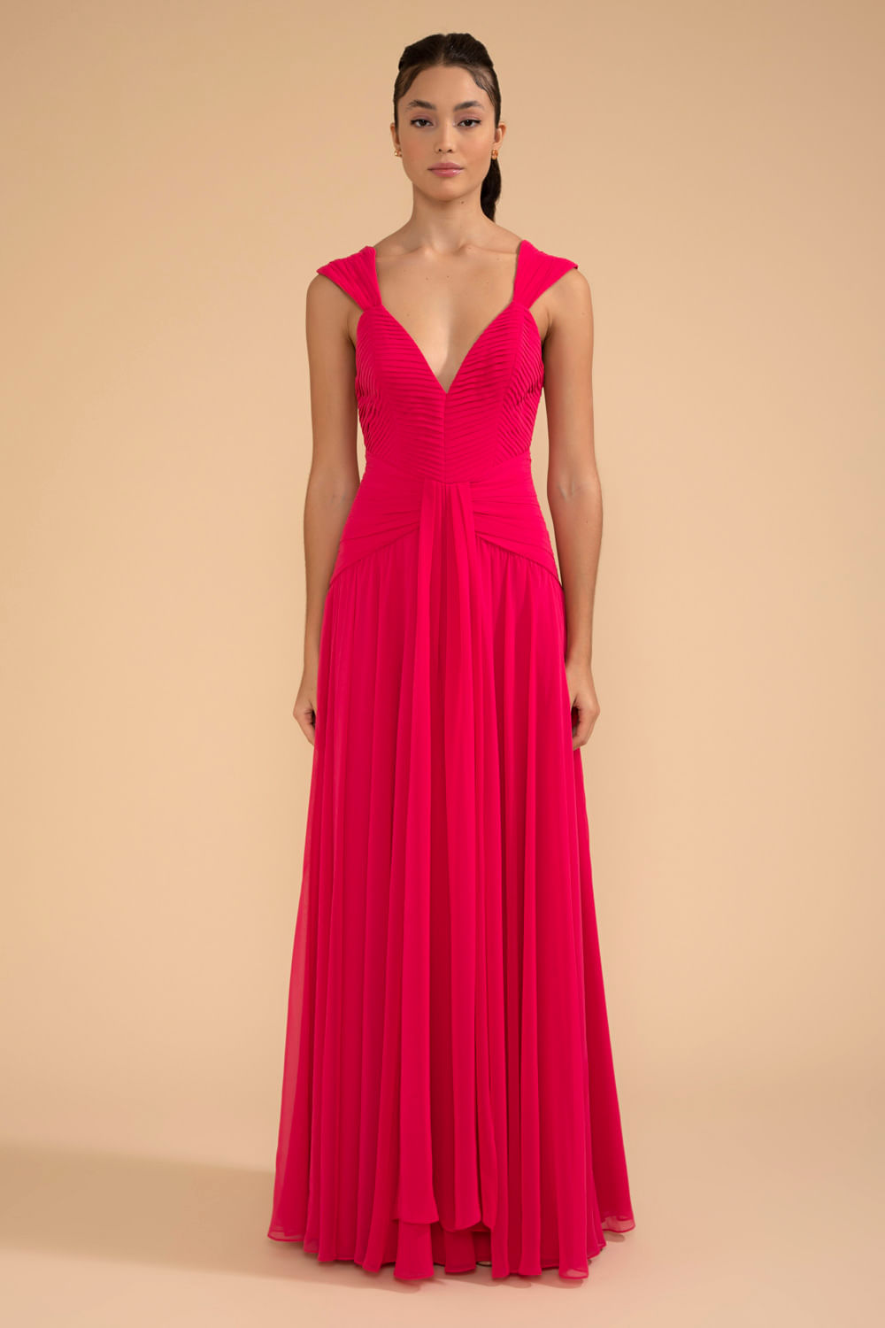 VESTIDO LONGO PALA PREGAS CHIFFON ÍRIS PINK