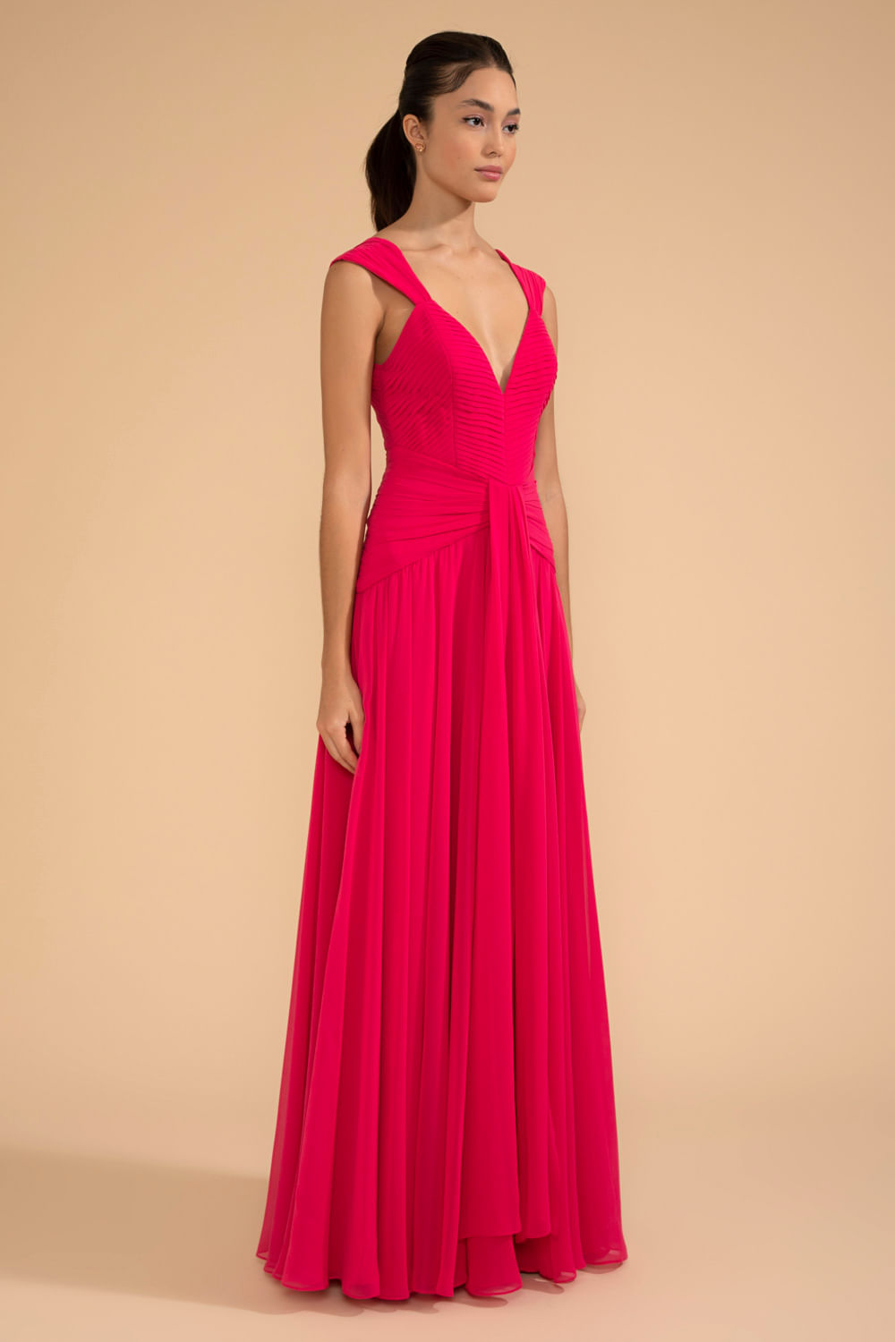 VESTIDO LONGO PALA PREGAS CHIFFON ÍRIS PINK