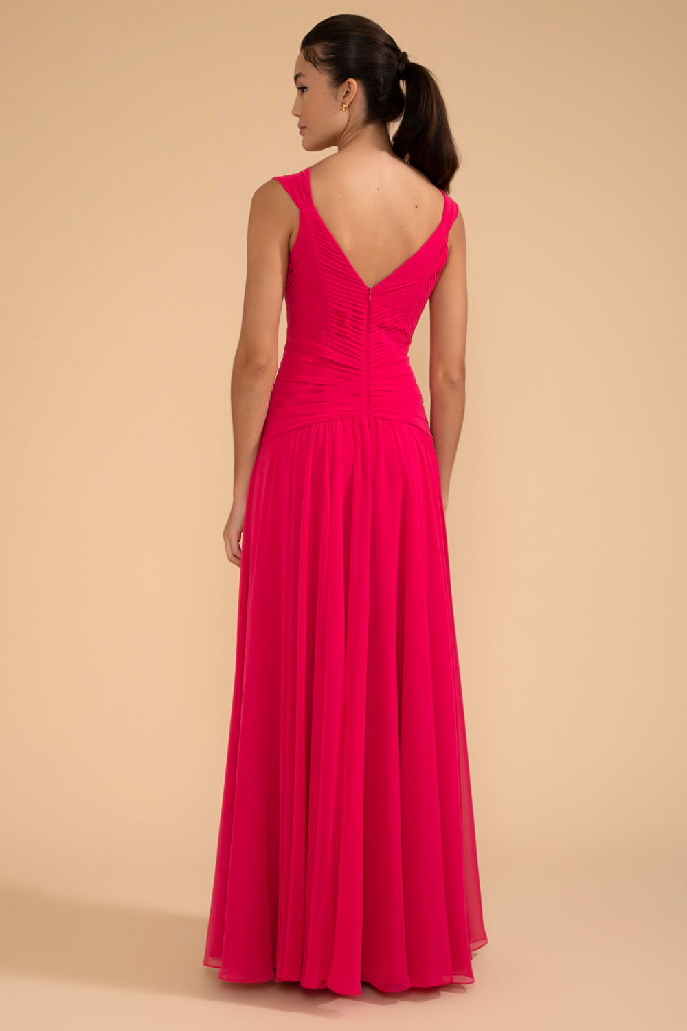 VESTIDO LONGO PALA PREGAS CHIFFON ÍRIS PINK