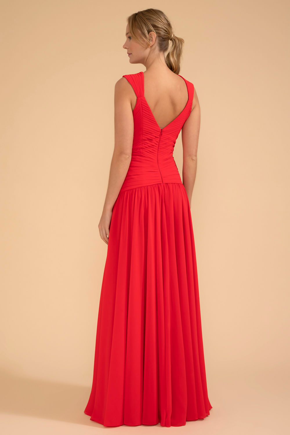 VESTIDO LONGO PALA PREGAS CHIFFON ÍRIS VERMELHO