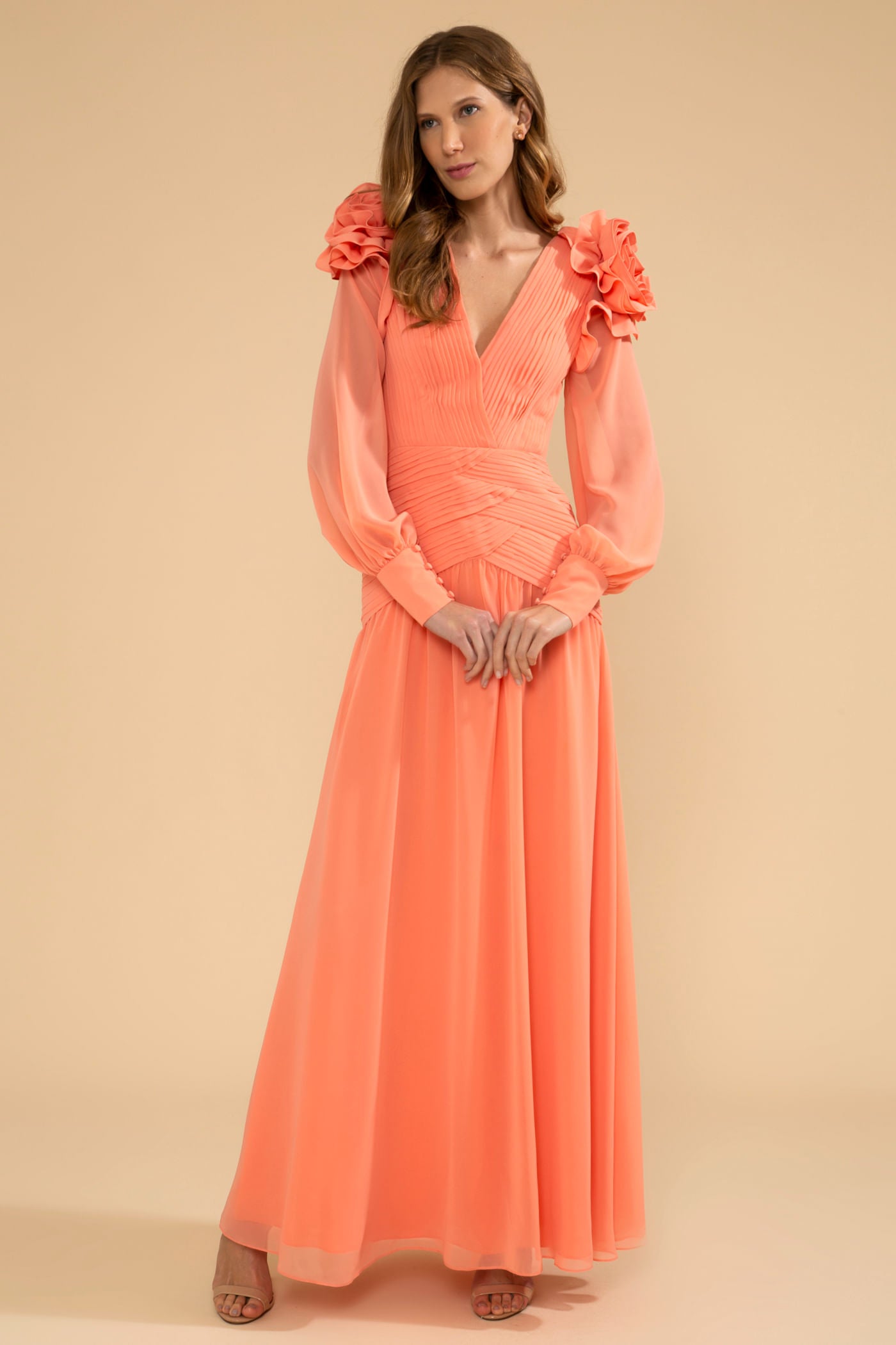 VESTIDO LONGO FLORES CHIFFON ÍRIS LARANJA