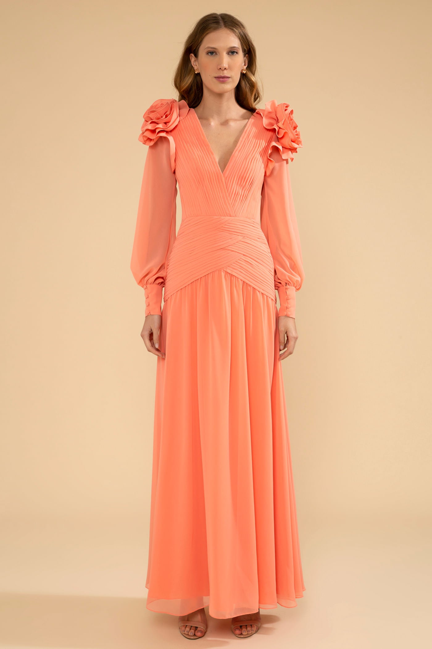 VESTIDO LONGO FLORES CHIFFON ÍRIS LARANJA