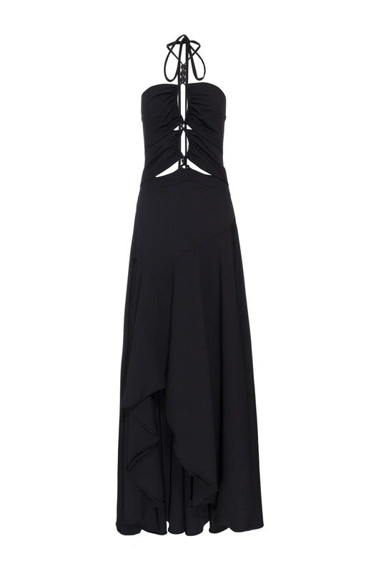 VESTIDO LONGO ASSÍMÉTRICO CREPE DAISY PRETO
