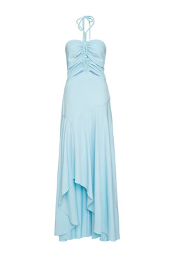 VESTIDO LONGO ASSÍMÉTRICO CREPE DAISY AZUL